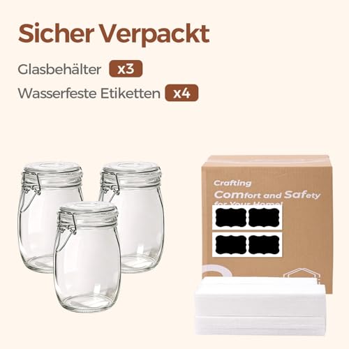 Glass Jars with Airtight Lids 34oz 3 Pack Pantry Storage Coffee (3 Count)