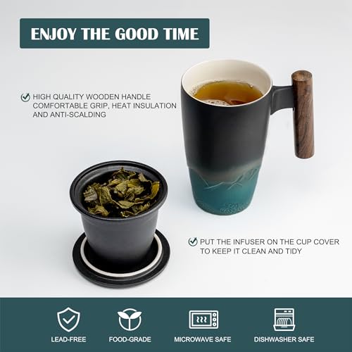 Ceramic Tea Cup with Infuser and Lid Tea Mugs Wooden Handle 400ml