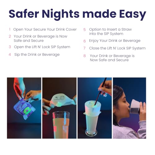 Drink Cover for Cups and Glasses. Multi Use Silicone Anti Spiking Drink Cover Protector With Lift Lock Sip System. Prevent Spiking. No Spill. Reusable and Straw Compatibility. (4 Count)