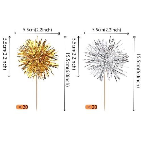 40 PCS Foil Firework Cupcake Toppers Sparkle Tinsel Cupcakae Picks Foil Firework Party Decorations Cocktail Fruit Toothpick for Fireworks Theme Birthday Wedding Graduation Party Decoration Gold Silver (40 Count)