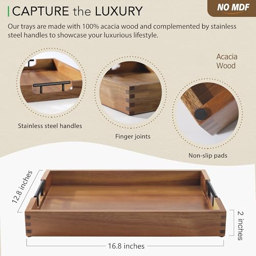 Acacia Wood Ottoman Tray with Handles 16.7" x 12.8"