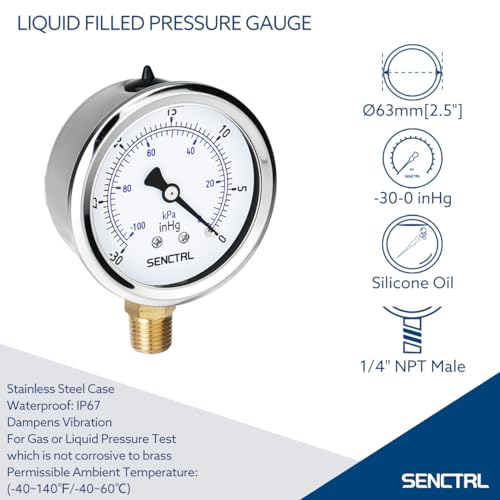30 inHg Vacuum Liquid Filled Low Pressure Gauge
