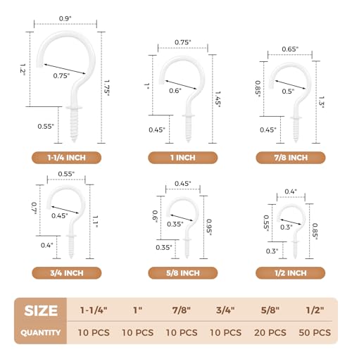 Screw Hooks 6 Sizes Metal Screw in Cup Hooks (110 Count)