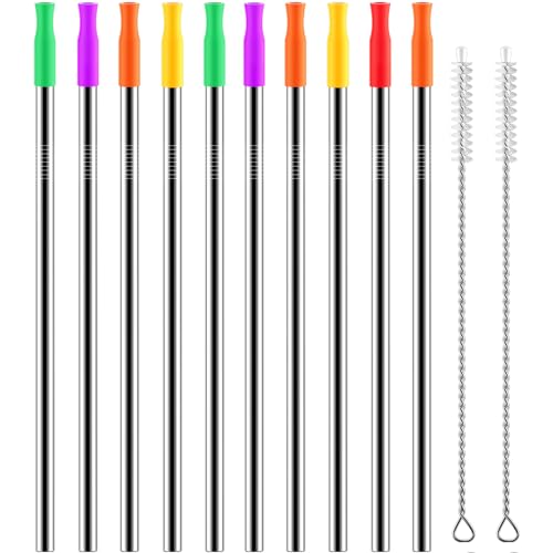 Stainless Steel Metal Straws with Silicone Tips Set of 10 Straight Reusable Drinking Straws for 20oz 30oz Tumblers