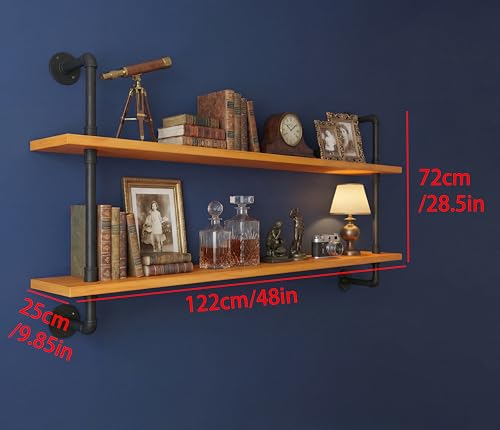 Industrial Pipe Shelving Shelf Rustic Wood Wall Shelves Industrial Floating Shelves for Wall 48 Inch Farmhouse Bookshelf Pipe Shelves Living Room Kitchen