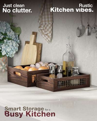 Set of 2 Wooden Countertop Baskets with Sturdy Wire Mesh & Handles (2 Count)