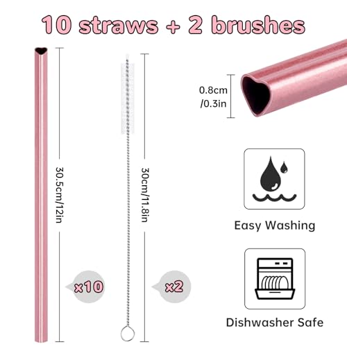 12” Heart Shaped Stainless Steel Straws Fit for Stanley Tumbler 40oz (10 Count)