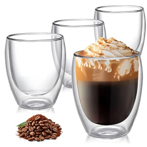 8 Ounces Set of 4 Double Walled Glass Coffee Mugs Insulated Layer Coffee Cups Borosilicate Glass Espresso Double Insulated Clear Glass Coffee Mug for Hot Beverages (4 Count)