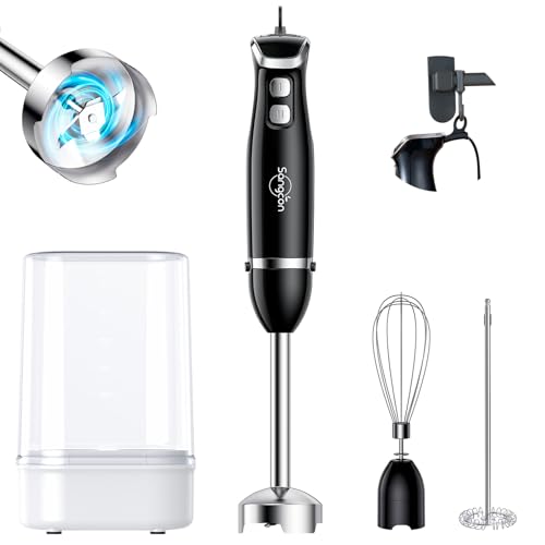 5-in-1 Immersion Blender Handheld with 1000ml Cup, 2-Speed Adjustable Hand Blender with 304 Stainless Blades, Detachable Whisk and Milk Frother