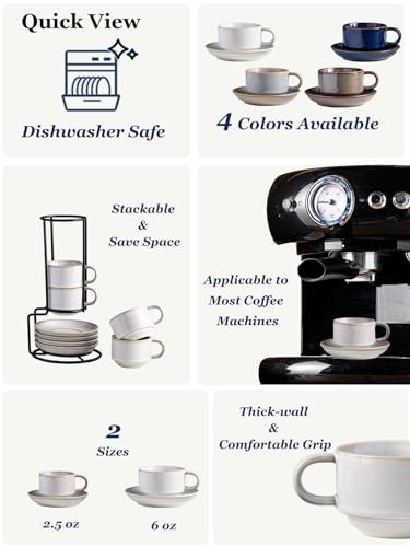 2.5 Ounce Espresso Cups Set of 4 with Saucers & Metal Rack (8.25 Count)