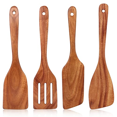 Non Toxic Wooden Spatula for Cooking Utensil Set Teak Kitchen Cooking Spoon (4 Count)