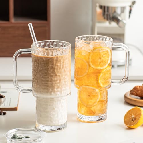 24 oz Water Ripple Glass Tumbler with Handle and Lid