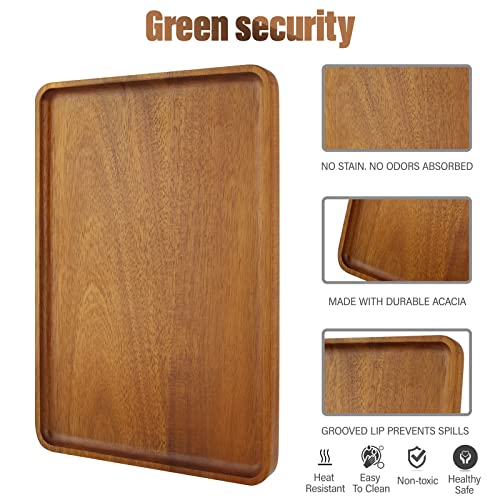 2 PCS 13 x 9 in Solid Acacia Wood Serving Trays Rectangular Wooden Serving Platters Natural Wooden Boards for Bar Coffee Party (2 Count)