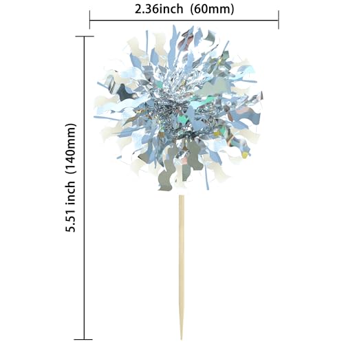 30Pcs Foil Firework Cupcake Toppers Happy Birthday Cake Toppers Tinsel Flower Drink Stirrers Cocktail Food Fruit Toothpicks for Valentine's Day Party Decorations Silver (30 Count)