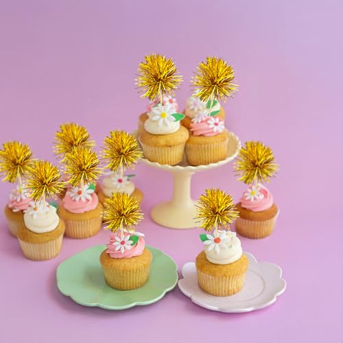 30Pcs Foil Firework Cupcake Toppers Sparkle Tinsel Cake Toppers Tinsel Drink Cake Decoration Cocktail Picks for Birthday Wedding Graduation Party Supplies Dark Gold (30 Count)