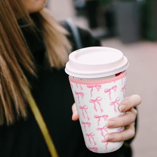 8 Pcs Pink Bow Iced Coffee Sleeve Reusable Neoprene Insulatord Cup Sleeve Coquette Bow Reusable Coffee Insulator Sleeves Holder for Cold Beverages Cups Cold and Hot Drinks