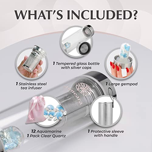 Crystal Water Bottle with Authentic Aquamarine Stones and Clear Quartz Removable Gemstones
