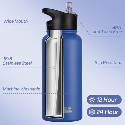 32 oz Insulated Water Bottle Stainless Steel Double Walled Vacuum Sports Water Bottle with 2 Lids