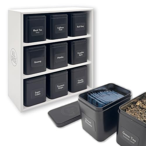 Tea Organizer Rack with 9 Tins & 160 Magnetic Labels