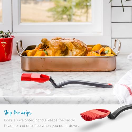 Brizzle 3-In-1 Flexible Silicone Sit-Up Basting, Drizzle, Scooping Brush with In-Built Sauce Resevoir - Red