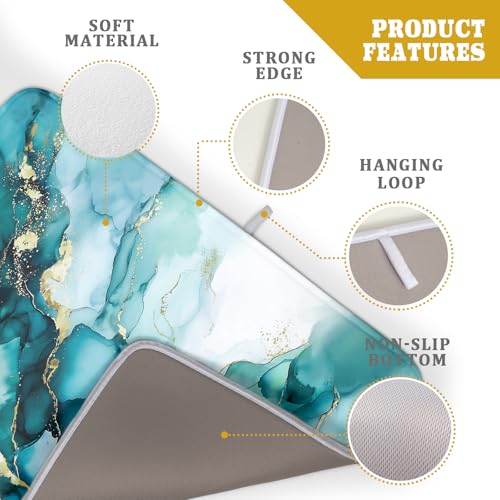 Teal Marble Dish Drying Mat Turquoise Blue Marbling Print Dish Drainer Mats 18"x24" Modern Granite Microfiber Reversible Dish Drying Rack Pad Protector for Kitchen Countertop Decor