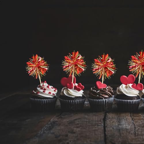 30Pcs Foil Firework Cupcake Toppers Sparkle Tinsel Cake Toppers Tinsel Drink Cake Decoration Cocktail Picks for Birthday Wedding Graduation Party Supplies Gold Red (30 Count)