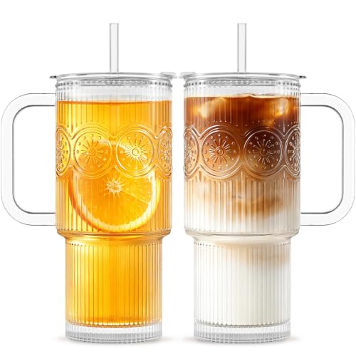 24 oz Ribbed & Floral Glass Tumblers with Handle