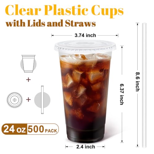 500 Pack 24 oz Clear Plastic Cups with Lids and Straws Disposable (500 Count)