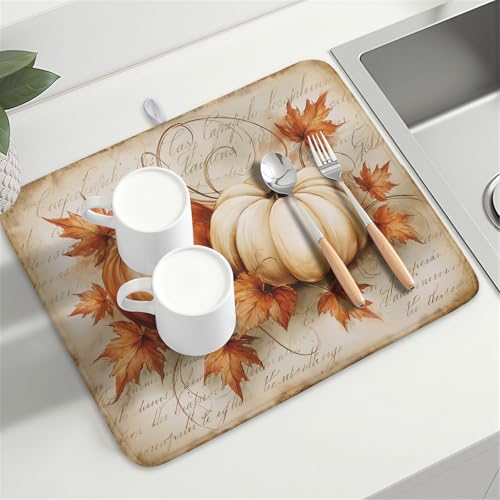 Fall Pumpkin Dish Drying Mat 18”x24”Vintage Autumn Drying Mat for Kitchen Counter Absorbent Maple Leaf Fall Thanksgiving Farmhouse Dishes Pad Drainer Mat Countertop Protector for Kitchen Fast Dry