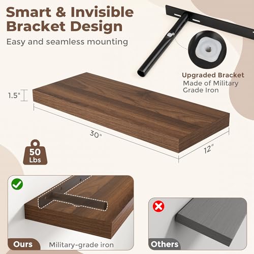 30 Inch Walnut Floating Shelves for Wall (2 Count)