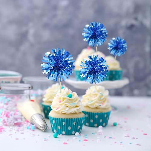 30Pcs Foil Firework Cupcake Toppers Blue Tinsel Flower Drink Stirrers Cocktail Food Fruit Cake Toppers for Valentine's Day Party Decorations Blue (30 Count)