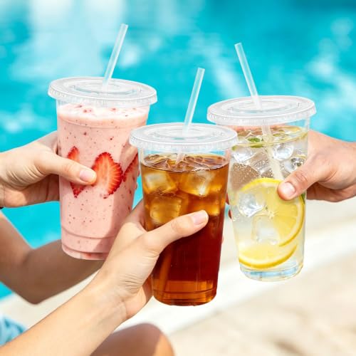100 Pack 24 oz Clear Plastic Cups with Lids and Straws Disposable (100 Count)