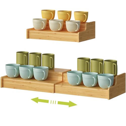 2 Tier Expandable Bamboo Mug Holder Coffee Mug Rack Organizer for Countertop (16 Count)