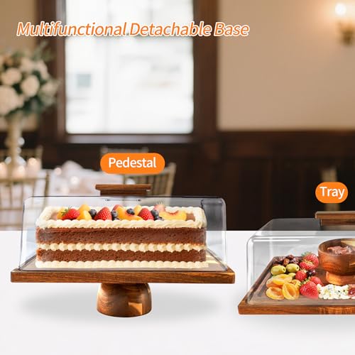Acacia-Wood-Rectangular-Cake-Stand With Acrylic Lid, 2-in-1 Cake Plates Charcuterie Board With Cover, Cake Holder With Dome, Dessert Table Display Stand