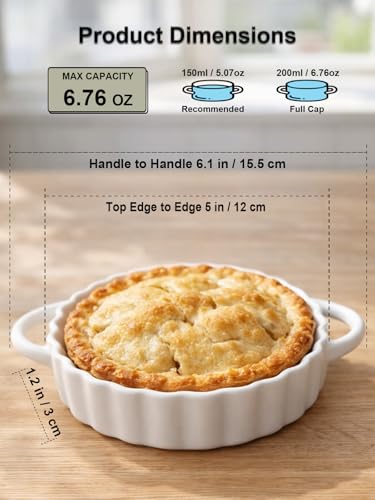 5in Ceramic Mini Pie Pan Set of 6 with Handles for Pie Quiche Tart. Easy to grip (6 Count)
