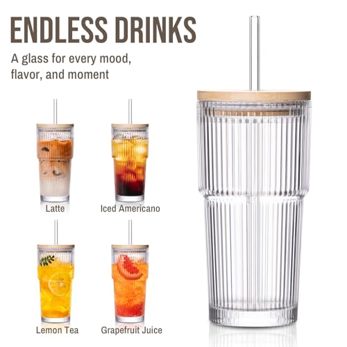 20oz Ribbed Glass Tumbler with Bamboo Lid and Straw