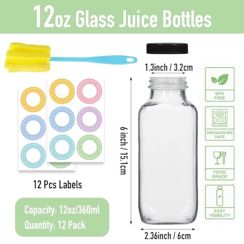 12 pack 12 oz Glass Juice Bottles with Lids