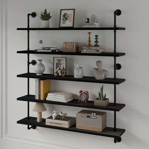 Floating Shelves for Wall Bookshelf Industrial Pipe Shelving Shelves 48 Inch 5 Tier Natural Wood Planks Rustic Wall Shelves Hanging Bookshelves Farmhouse Kitchen Shelving Black