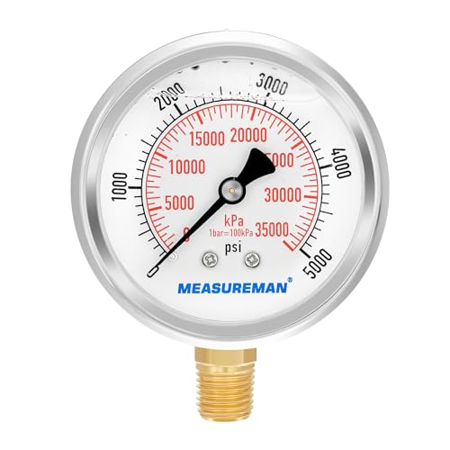 2-1/2inch Dial Size, Liquid Filled Hydraulic Pressure Gauge, 0-5000psi/kpa, 304 Stainless Steel Case, 1/4inchNPT Lower Mount