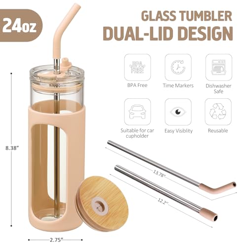 24oz Glass Tumbler with 2 Lids and Straws