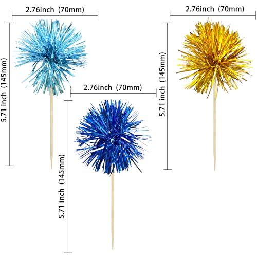 30Pcs Foil Firework Cupcake Toppers Sparkle Tinsel Cake Toppers Tinsel Drink Cake Decoration Cocktail Picks for Birthday Wedding Graduation Party Supplies Gold Light Dark Blue (30 Count)