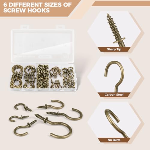 Screw Hooks 6 Sizes Metal Screw in Cup Hooks (110 Count)