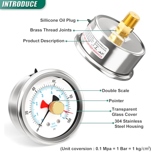 0 100PSI Stainless Steel with Reset Pointer Liquid Filled Pressure Gauge