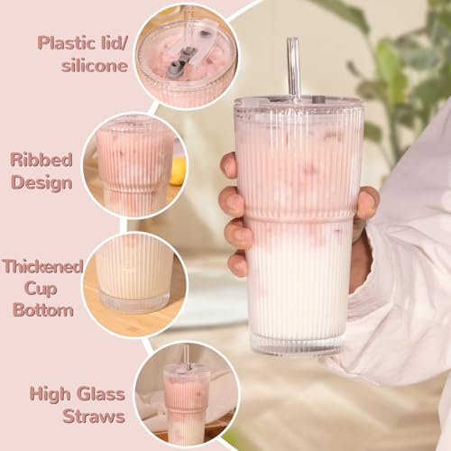 20oz Ribbed Drinking Glasses with Lids and Glass Straws