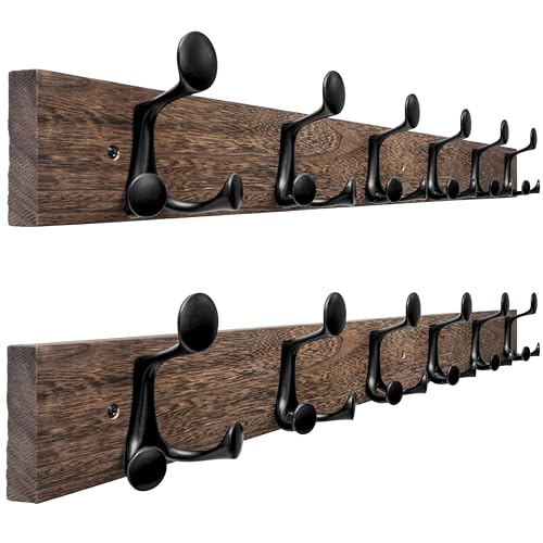 36 Inch Wood Burnt Coat Rack Wall Mount with 6 Triple Hooks (2 Count)