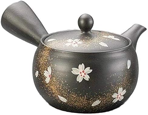 Yamakiikai Japanese Ceramic Teapot 280ml, Black Sakura Design with Gold Accents, Side Handle Kyusu Tea Pot for Loose Leaf Green Tea, Made in Japan