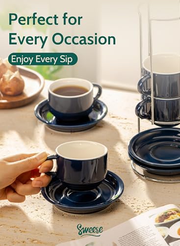 8 Ounce Porcelain Stackable Cappuccino Cups with Saucers and Metal Stand