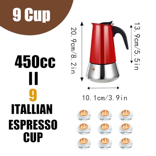 9 Cup Stovetop Espresso Maker Stainless Steel Moka Pot Stove Top Percolator Italian Coffee Makers Capable Mocha Greca Machine Cafe Classic Induction Cookers for Home and Camping 450ml 15oz