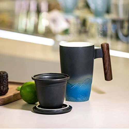 Tomotime Ceramic Tea Cup with Infuser and Lid Tea Mugs Wooden Handle 400ml