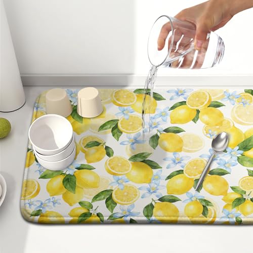 Lemon Dish Drying Mat 16x18 Inch Absorbent Reversible Summer Drying Mat Floral Lemon Fruits Dish Drying Rack Mat Yellow Summer Themed Dish Drainer Mat for Kitchen Counter Coffee Bar